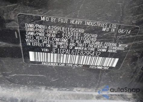 2014 Subaru Impreza 2.0I Sport Premium from USA, damaged, VIN JF1GPAL61E8295432